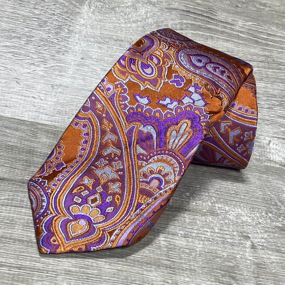 J. Hilburn Necktie Mens OS Orange Purple Paisley Woven Italy Handmade Silk Tie
